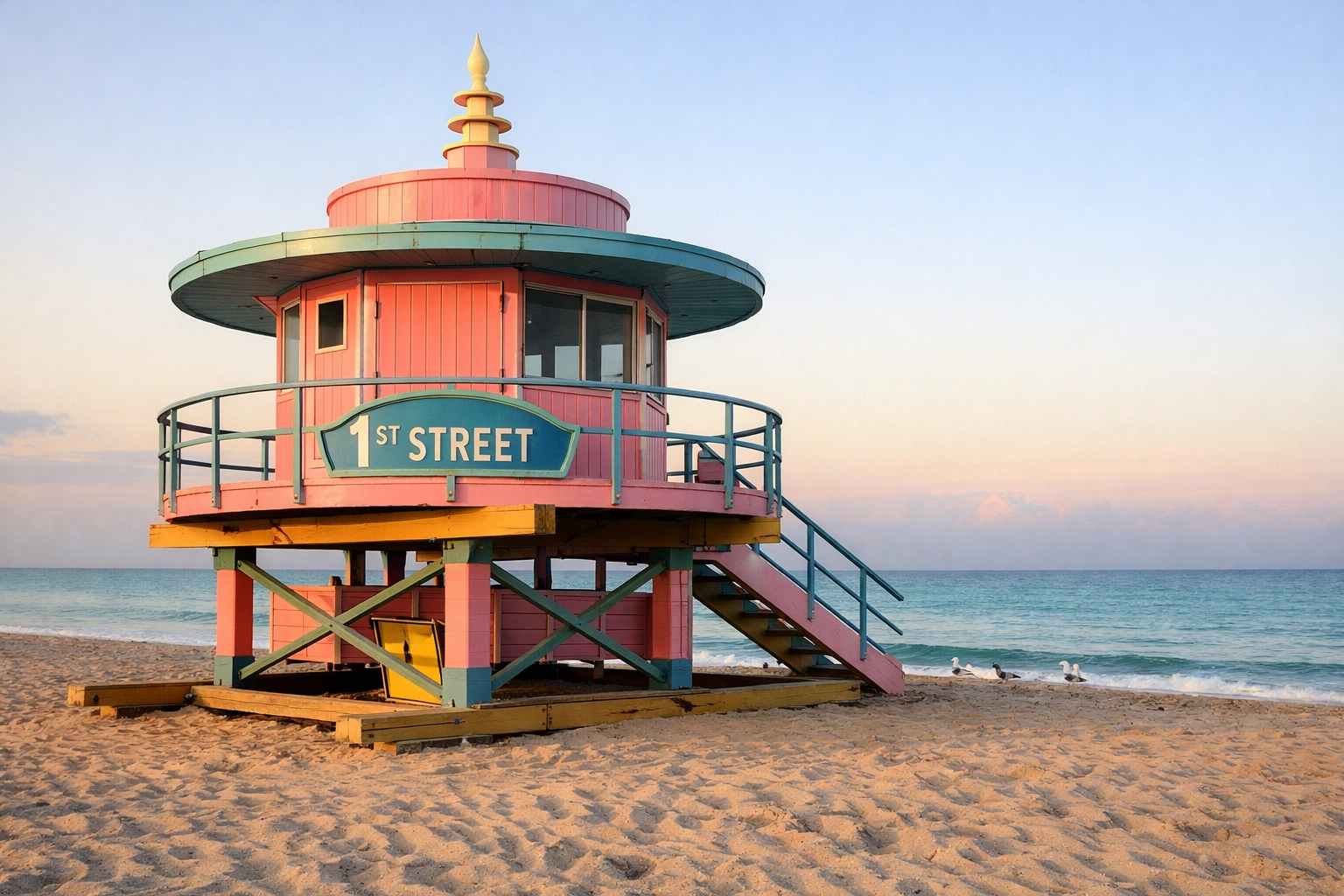 Iconic pink and teal Art Deco lifeguard tower on Miami Beach during a sunrise photography session.