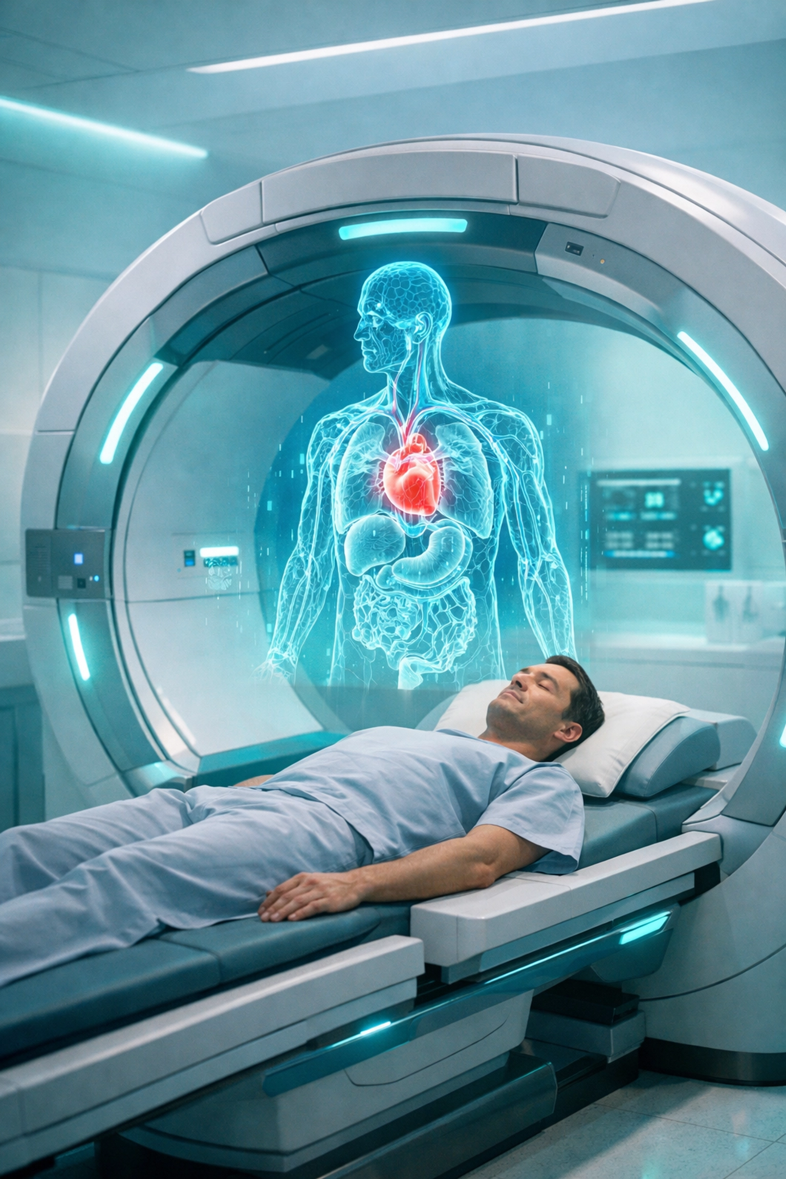 Futuristic full-body MRI scanner with holographic organ visualization in a longevity clinic.
