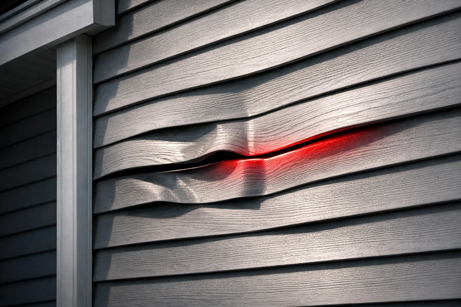 Warped vinyl siding panels showing buckling damage from improper nailing techniques
