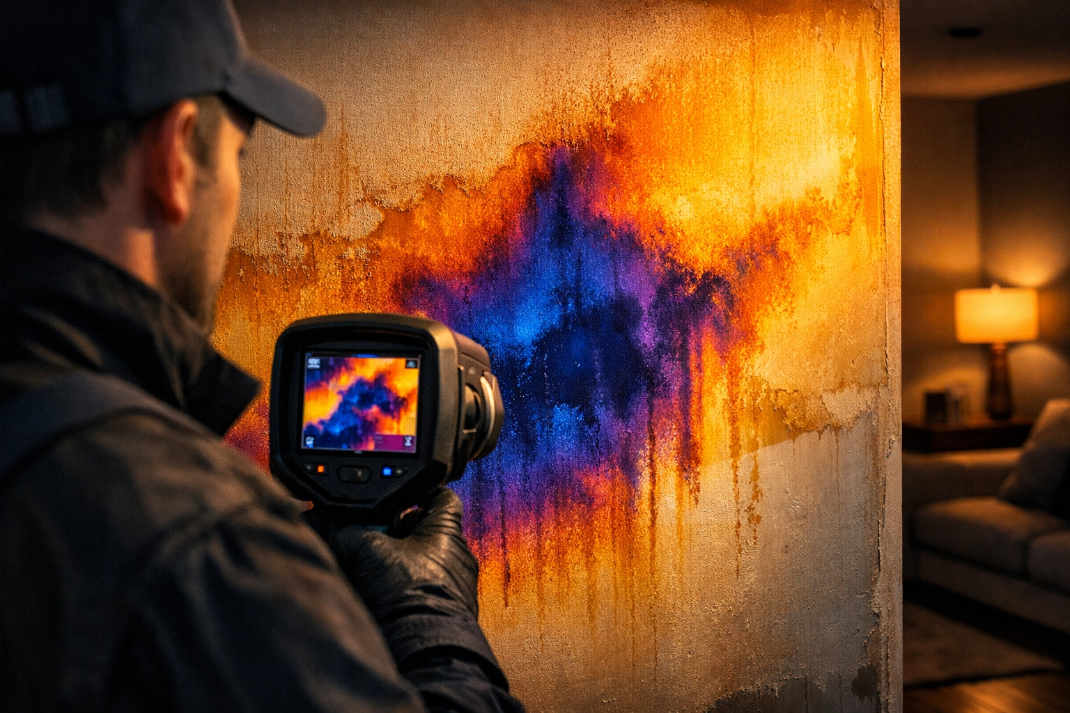 Thermal imaging camera detecting hidden water damage behind drywall in residential home