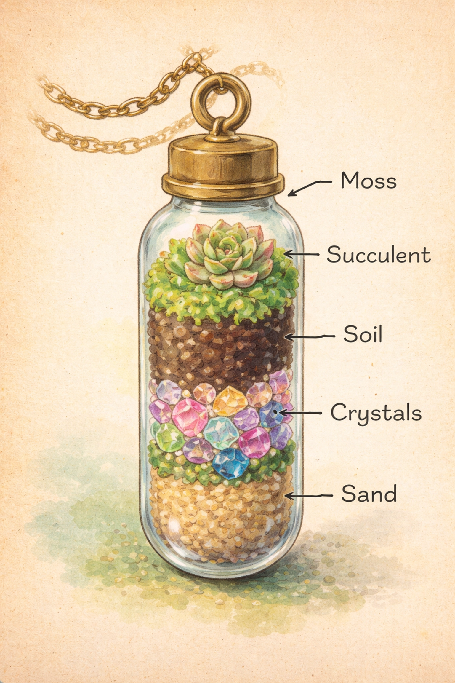 Cross-section view of a living jewelry pendant showing sand, soil, moss, and a succulent rosette inside