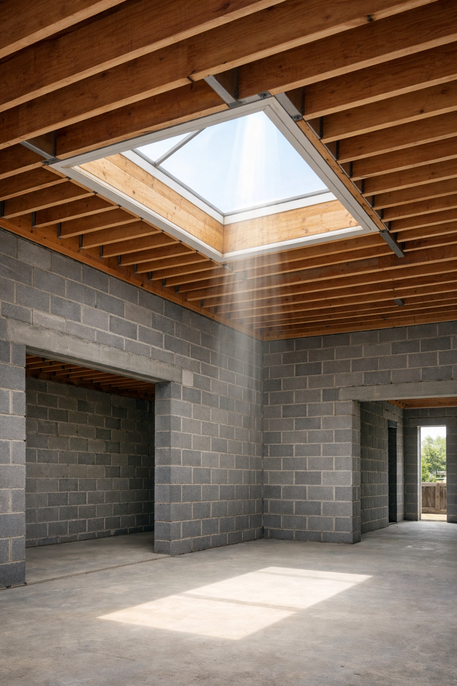 High-end home extension construction in Surrey showing structural timber joists and roof lantern.