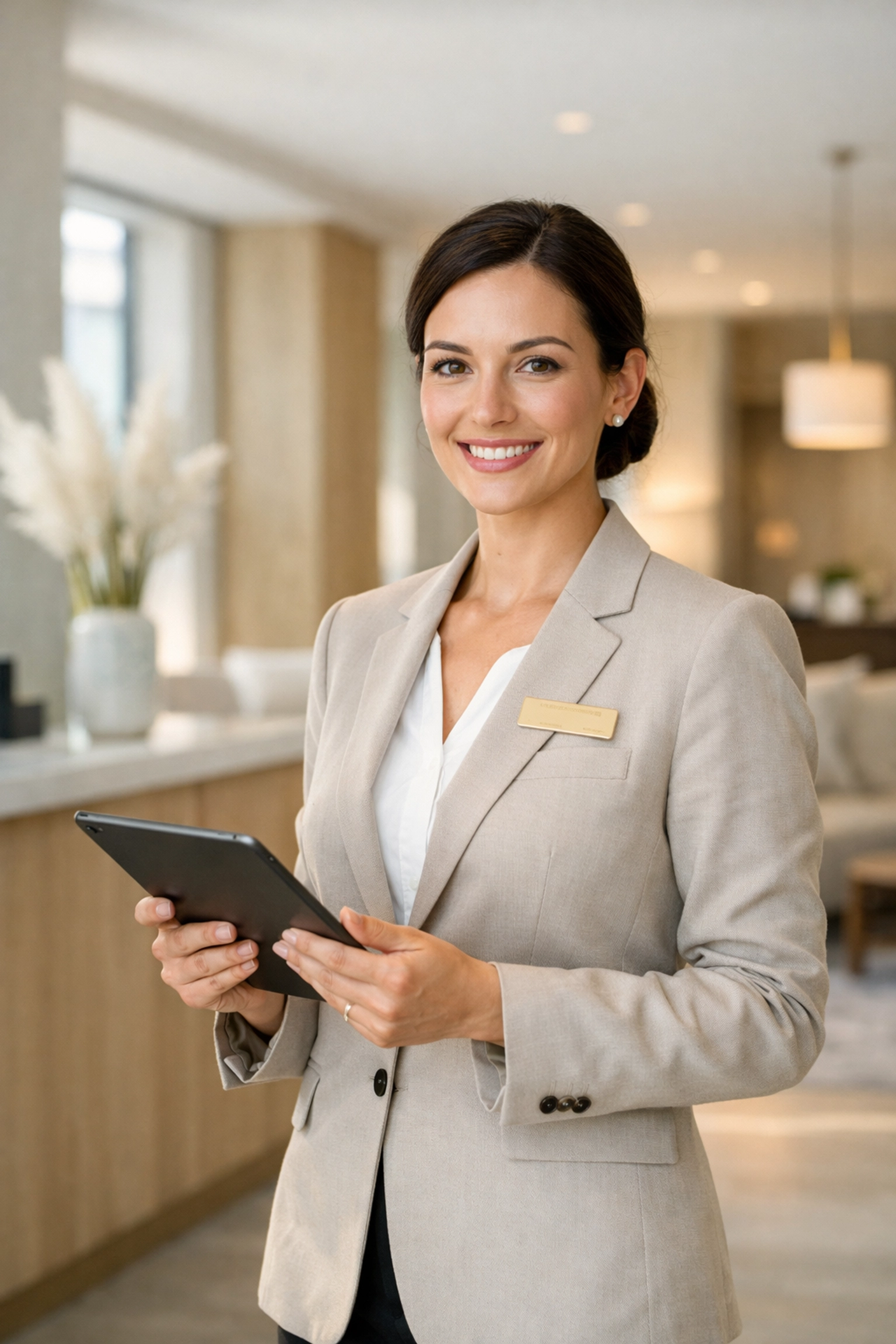Hotel staff member using a tablet in a modern lobby to manage guest experience technology.