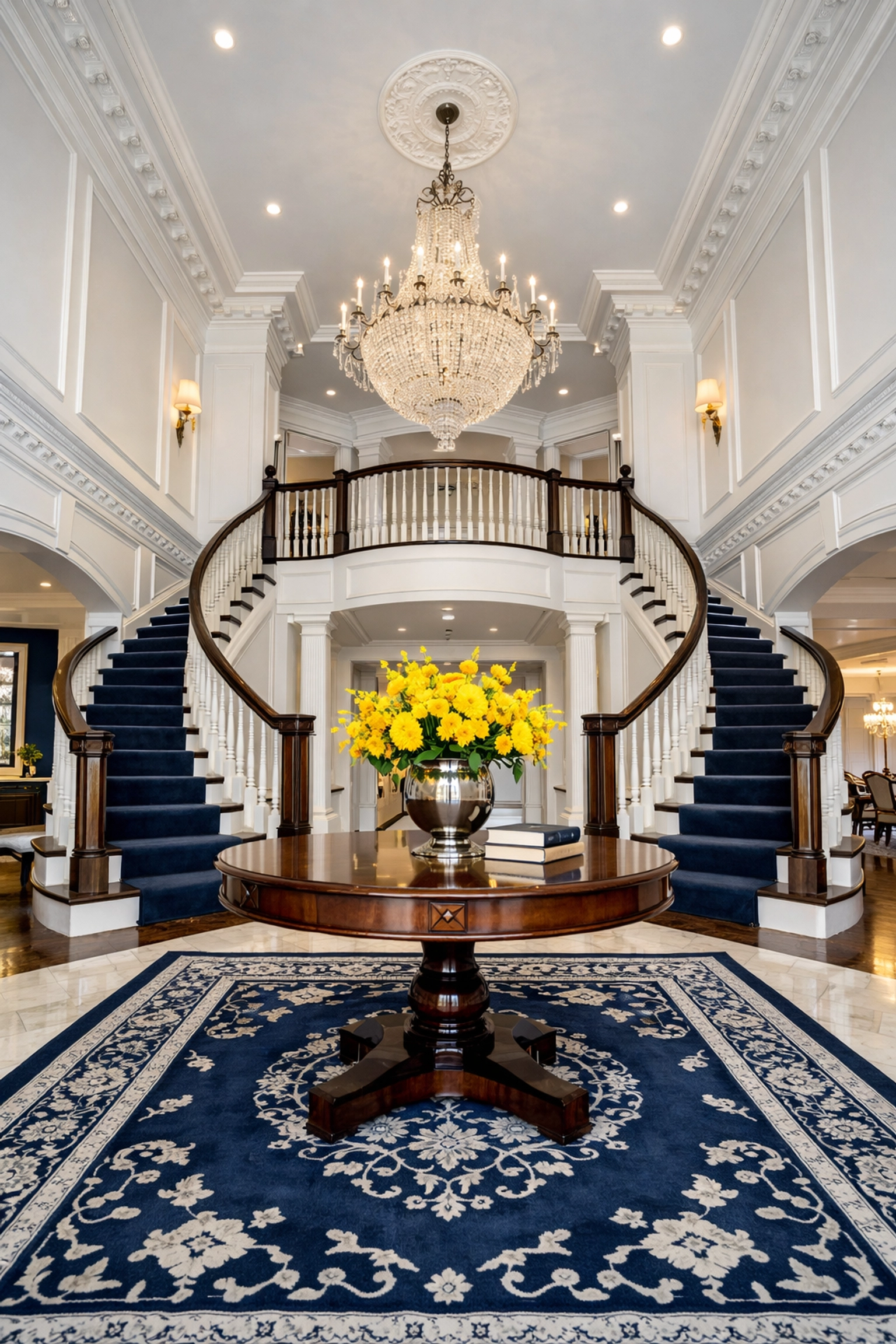 Immaculate grand foyer of an Easton luxury estate showing professional dusting of high ceilings and crown molding.
