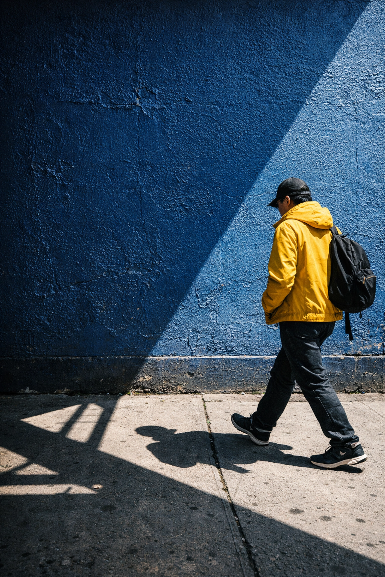 Creative street photography ideas showcasing a person in a yellow jacket walking past a textured blue wall.