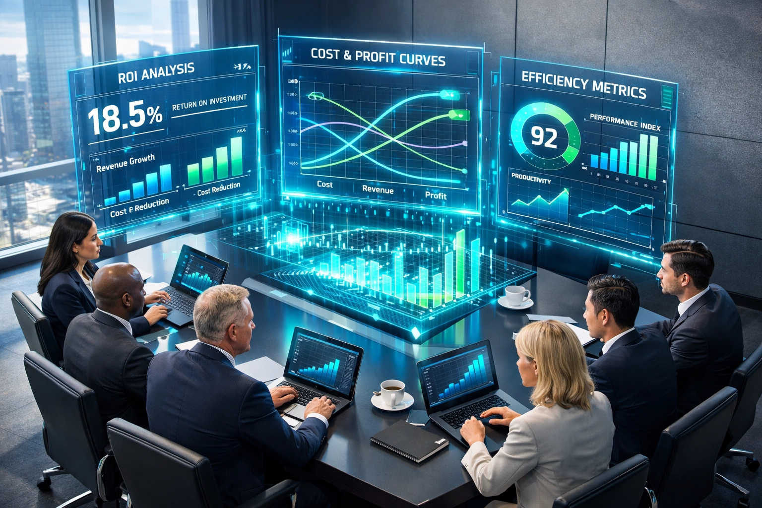 Executive team reviewing ServiceNow ROI metrics and ITOM investment dashboards in boardroom