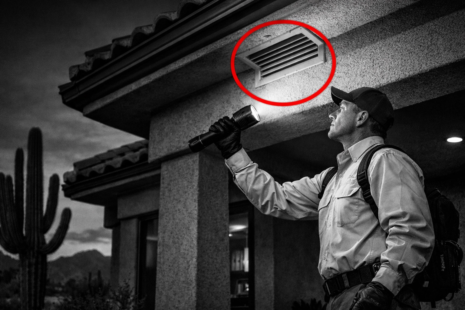 Pest control expert inspecting eaves and vents on an Arizona home to identify potential entry points in Coolidge.