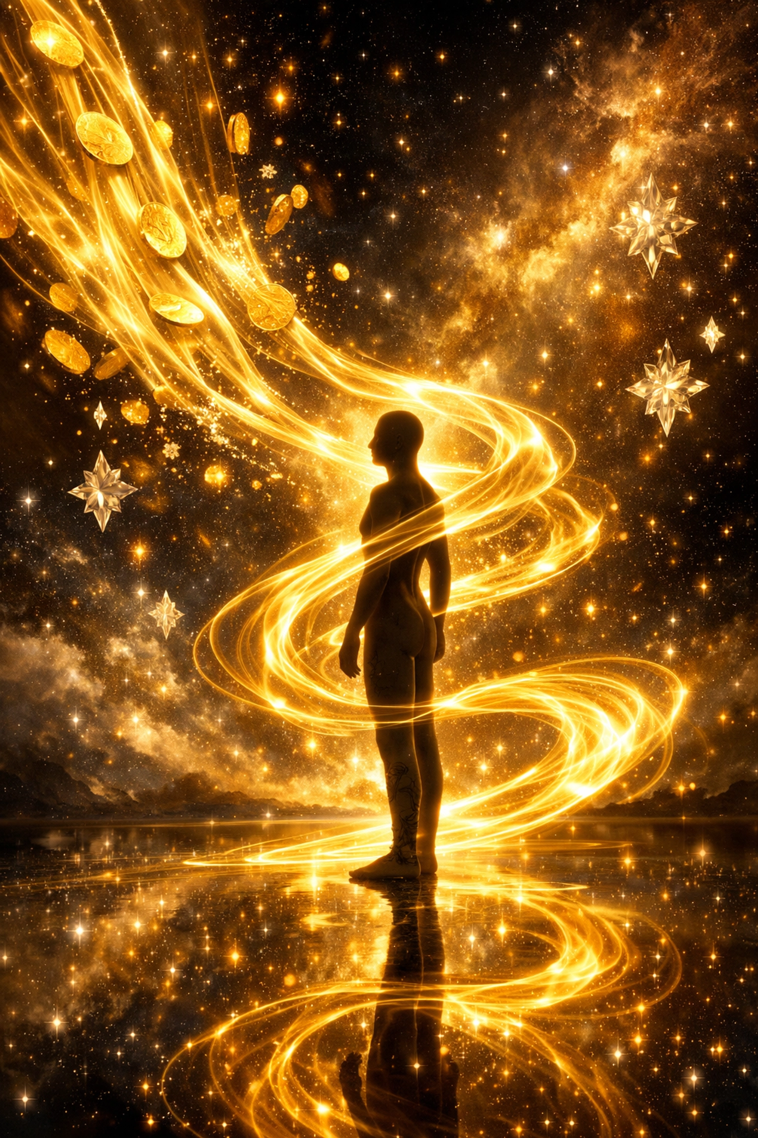 Ethereal image of gold coins turning into light representing an abundant money mindset and financial success.