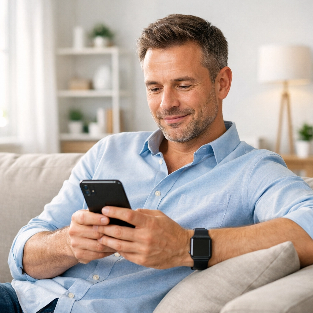A man using his smartphone to complete an online medical assessment for weight management treatments.