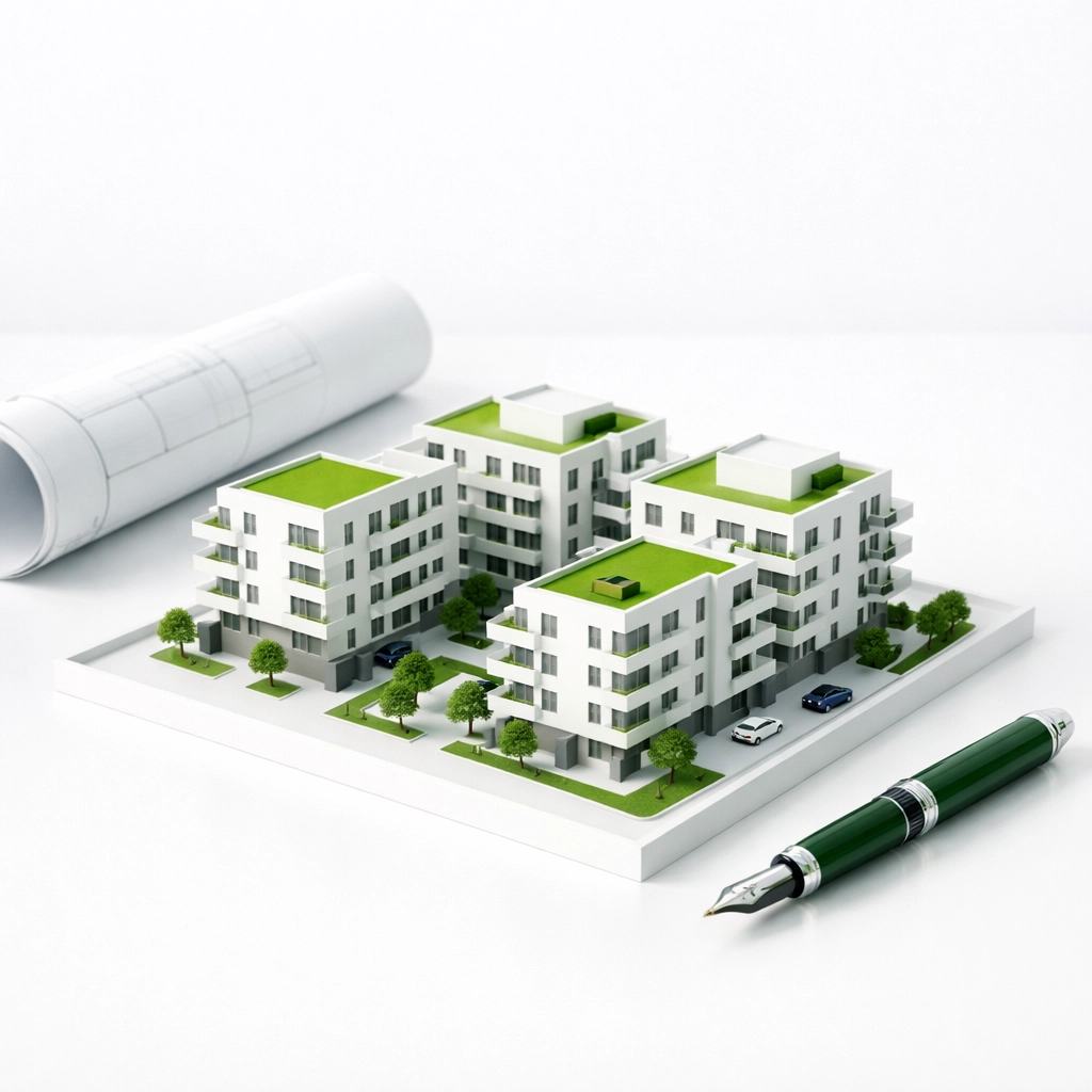 Architectural model and blueprints showing a strategic business plan for financing multi family 5 units or more.