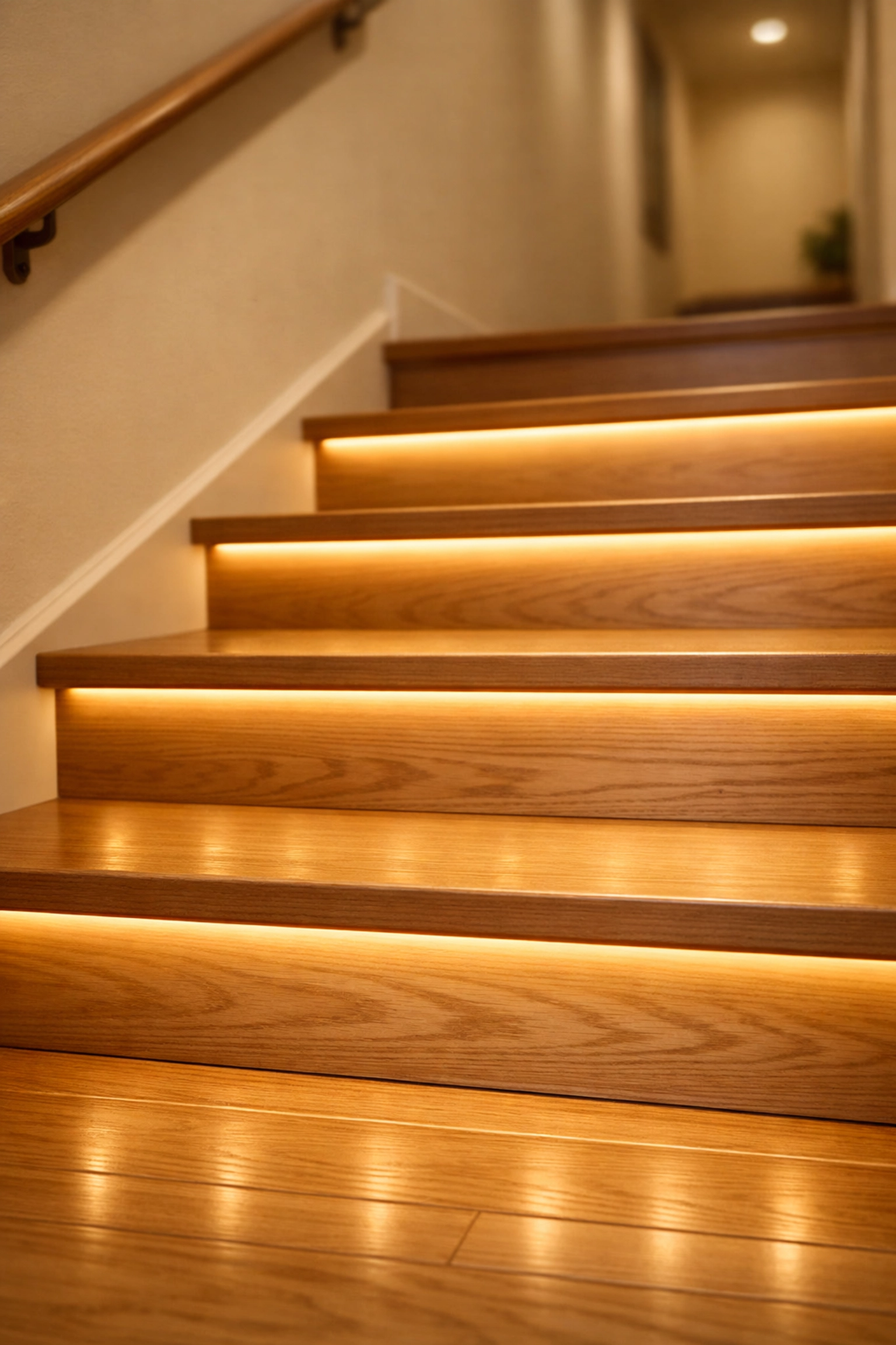 Warm LED lighting under wooden stair treads highlights step edges for better visibility and safety.