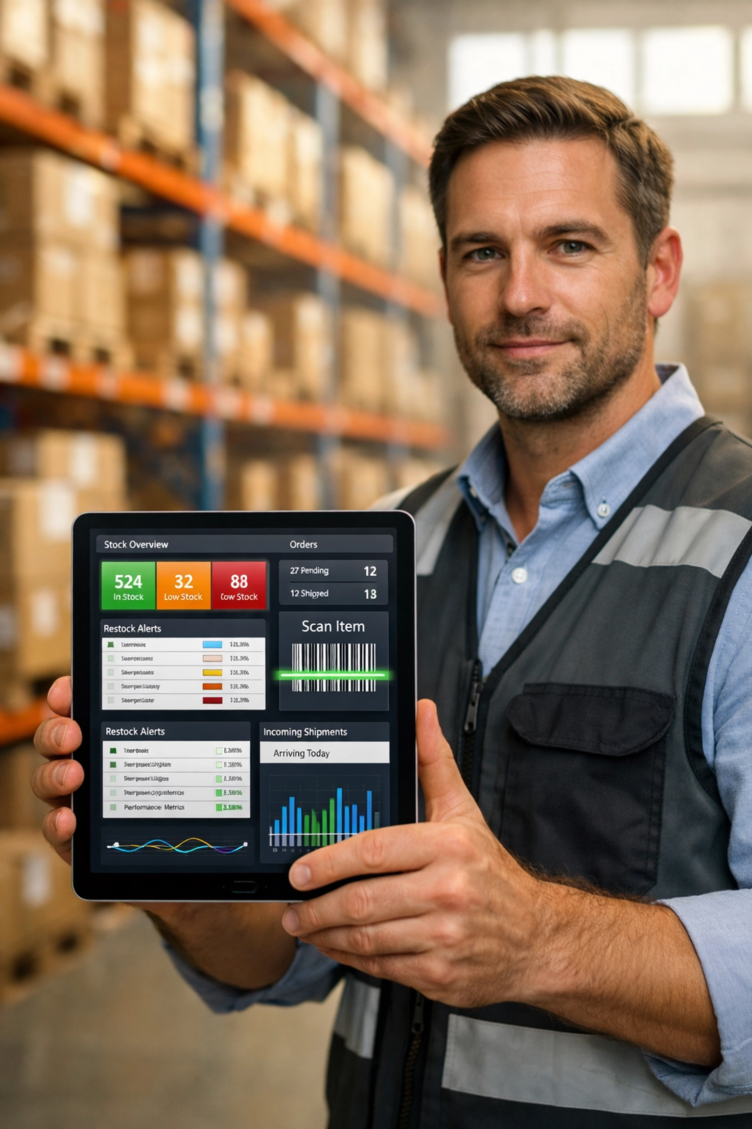 Logistics manager using a digital tablet for inventory management and tracking sku numbers in a modern warehouse.