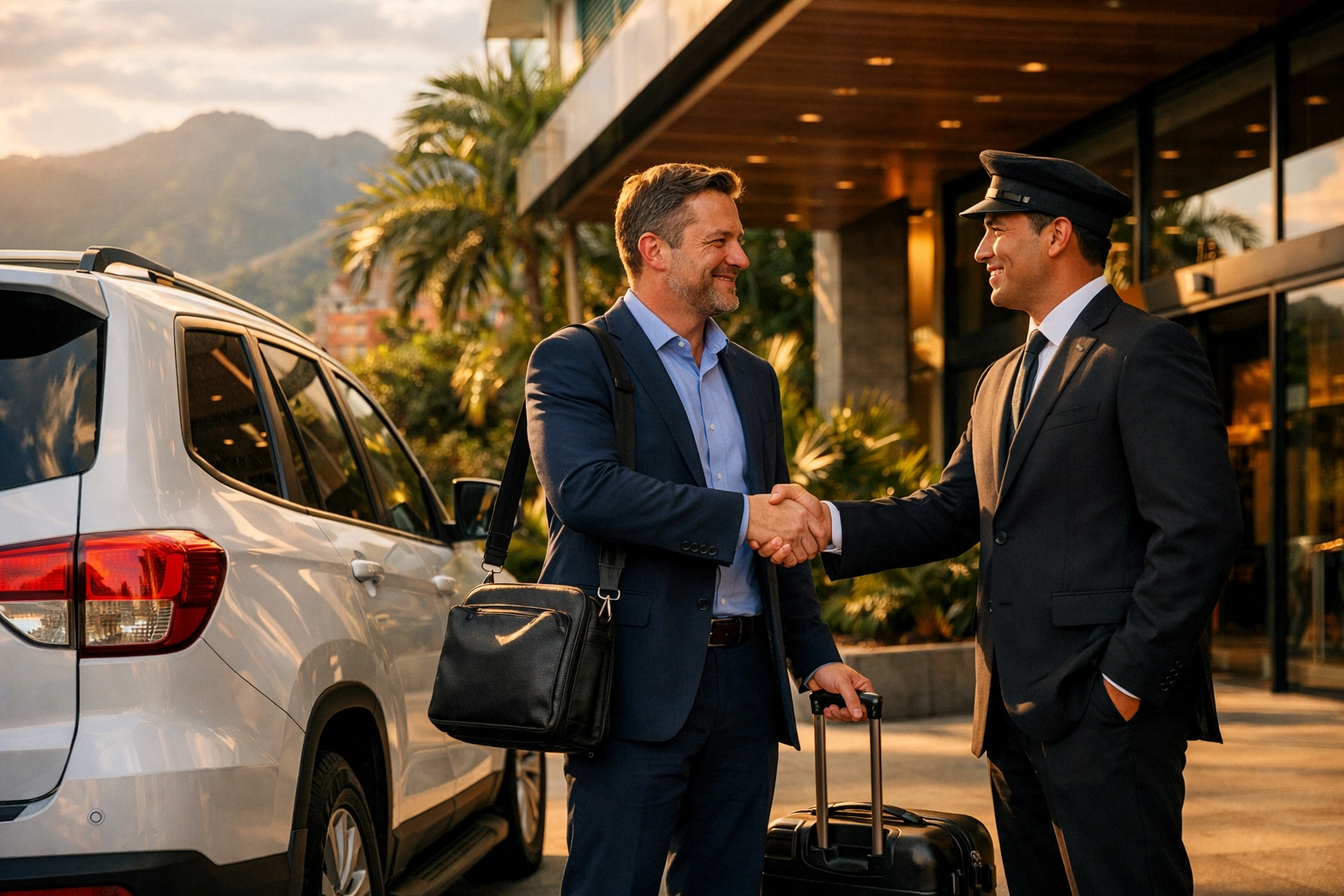 Business client meeting trusted private security driver in Medellin