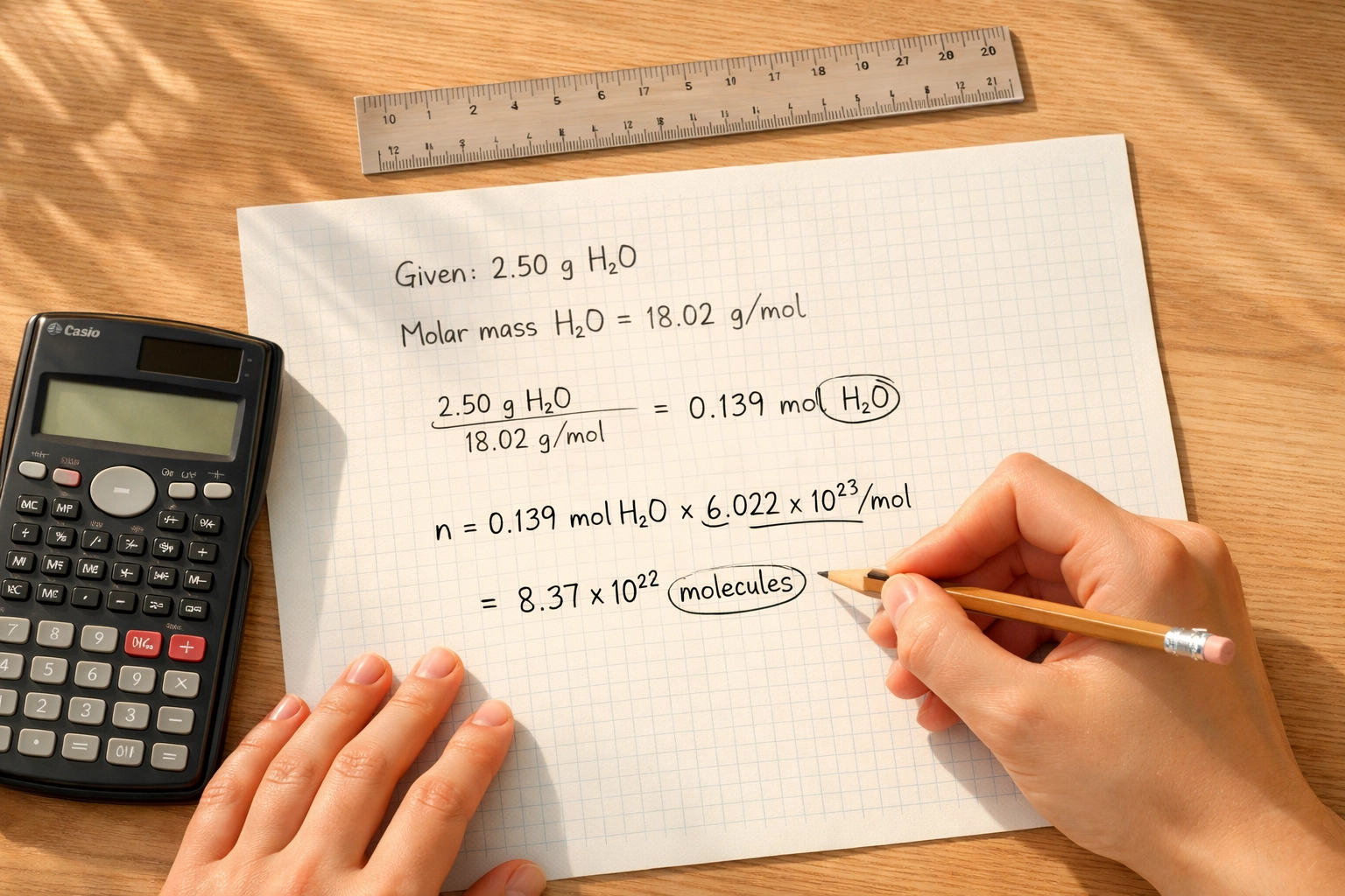 Student working through A Level Chemistry calculations with calculator and notes