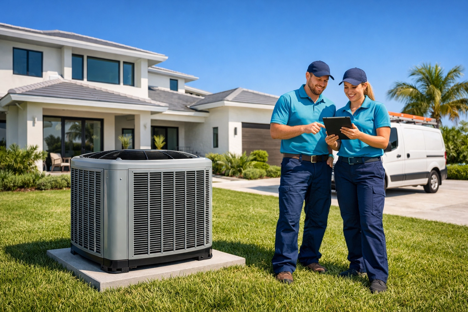 Florida technicians reviewing AC condenser diagnostics for ac repair Florida homeowners