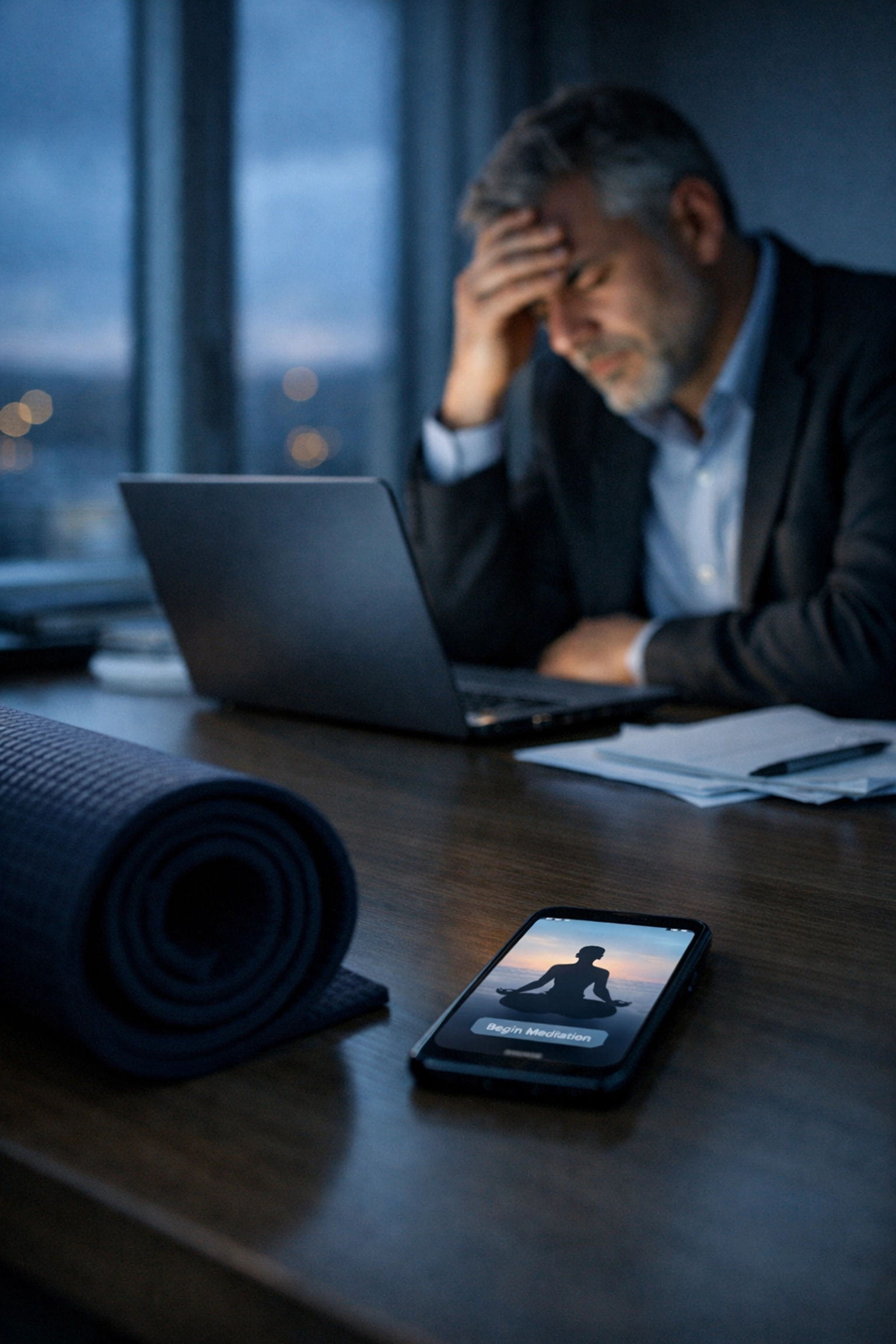 Burned out executive working late with unused wellness program items highlighting ineffective solutions