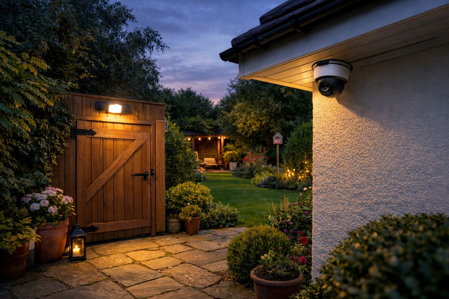 Motion-activated security lighting and CCTV camera protecting a residential garden in Bridgwater.