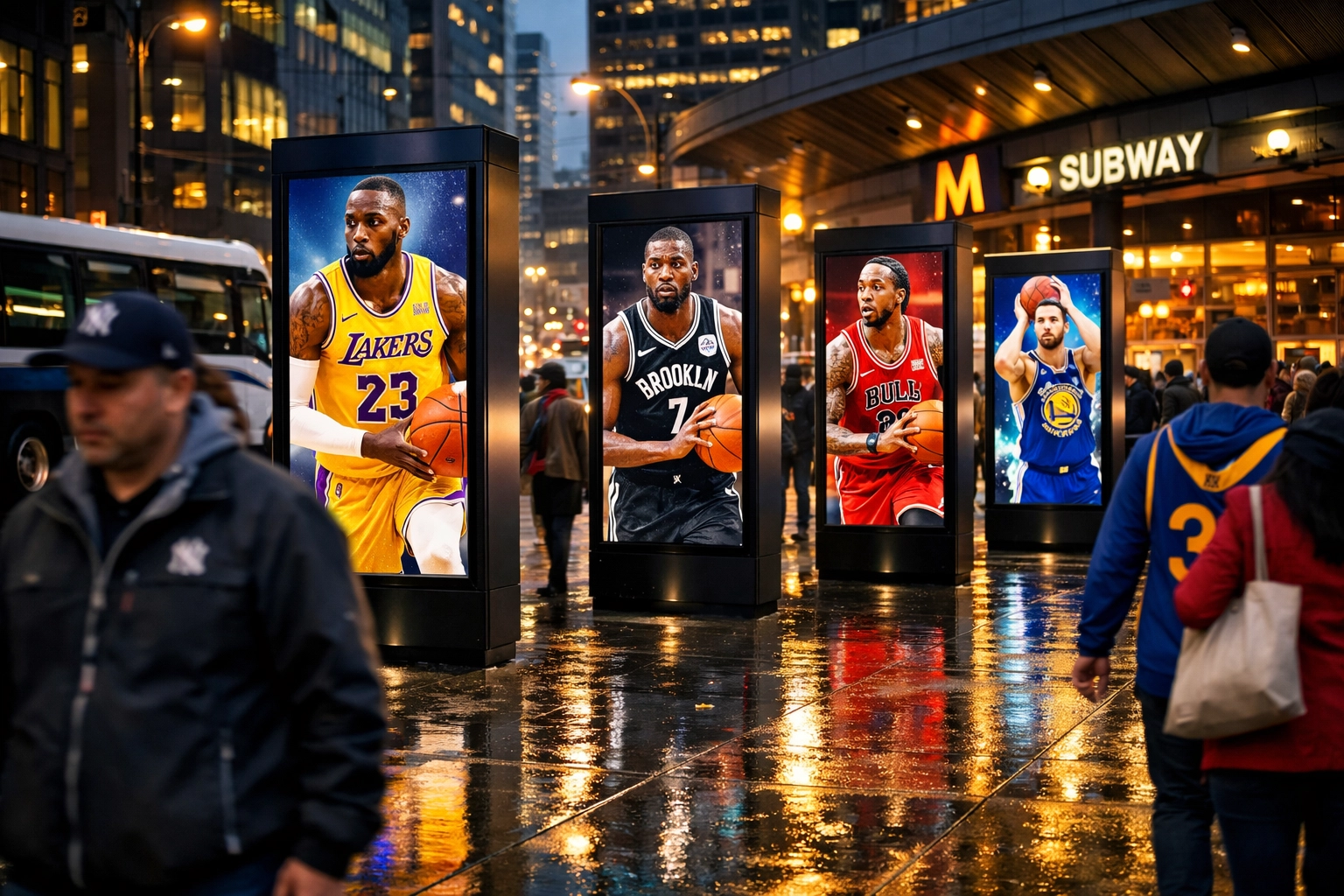 Digital ad pillars featuring basketball players at a busy urban transit hub.