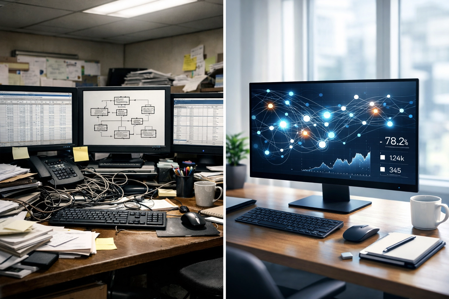 Static workflow desk vs behavior-triggered automation workspace showing conversion optimization contrast