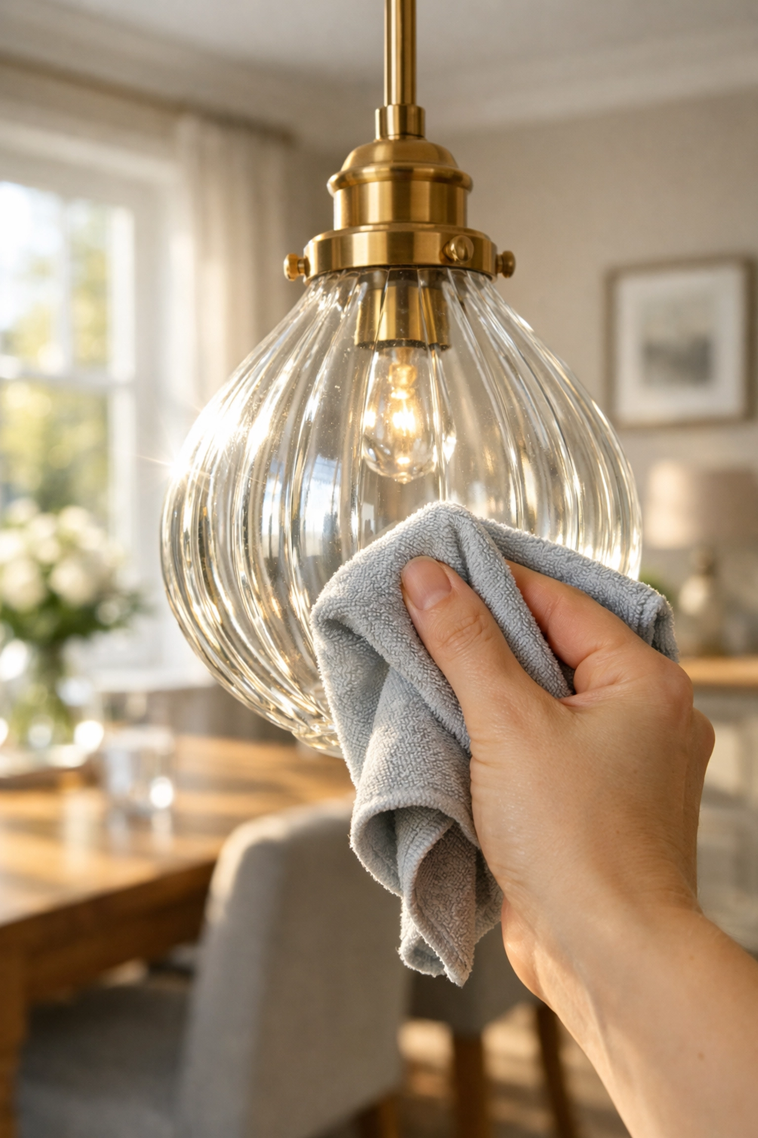 Maintaining lighting efficiency by cleaning a glass pendant light in a Bournemouth home.