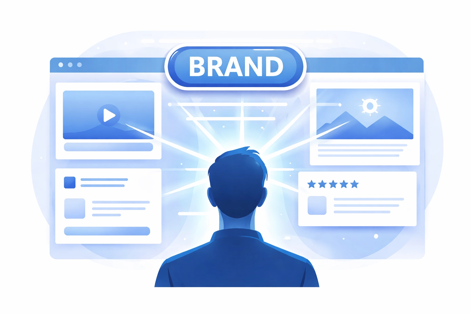 Vector illustration of person viewing branded screen content, highlighting brand visibility in search results