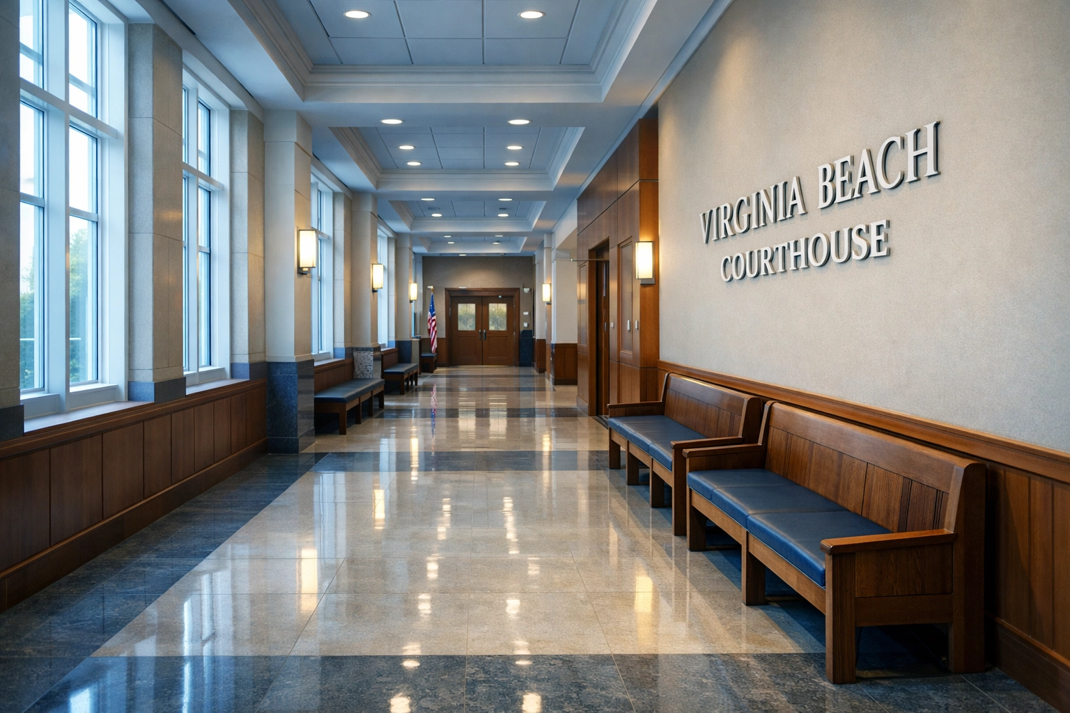 Virginia Beach courthouse hallway where child custody cases are heard by family law judges