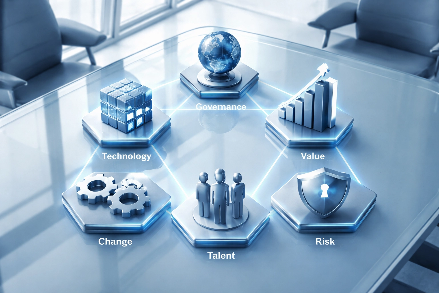 Modern boardroom table with six blue geometric objects symbolizing AI operating model components