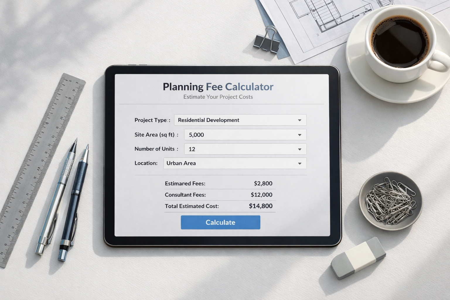 Digital planning fee calculator displayed on tablet with architectural drawing tools on workspace