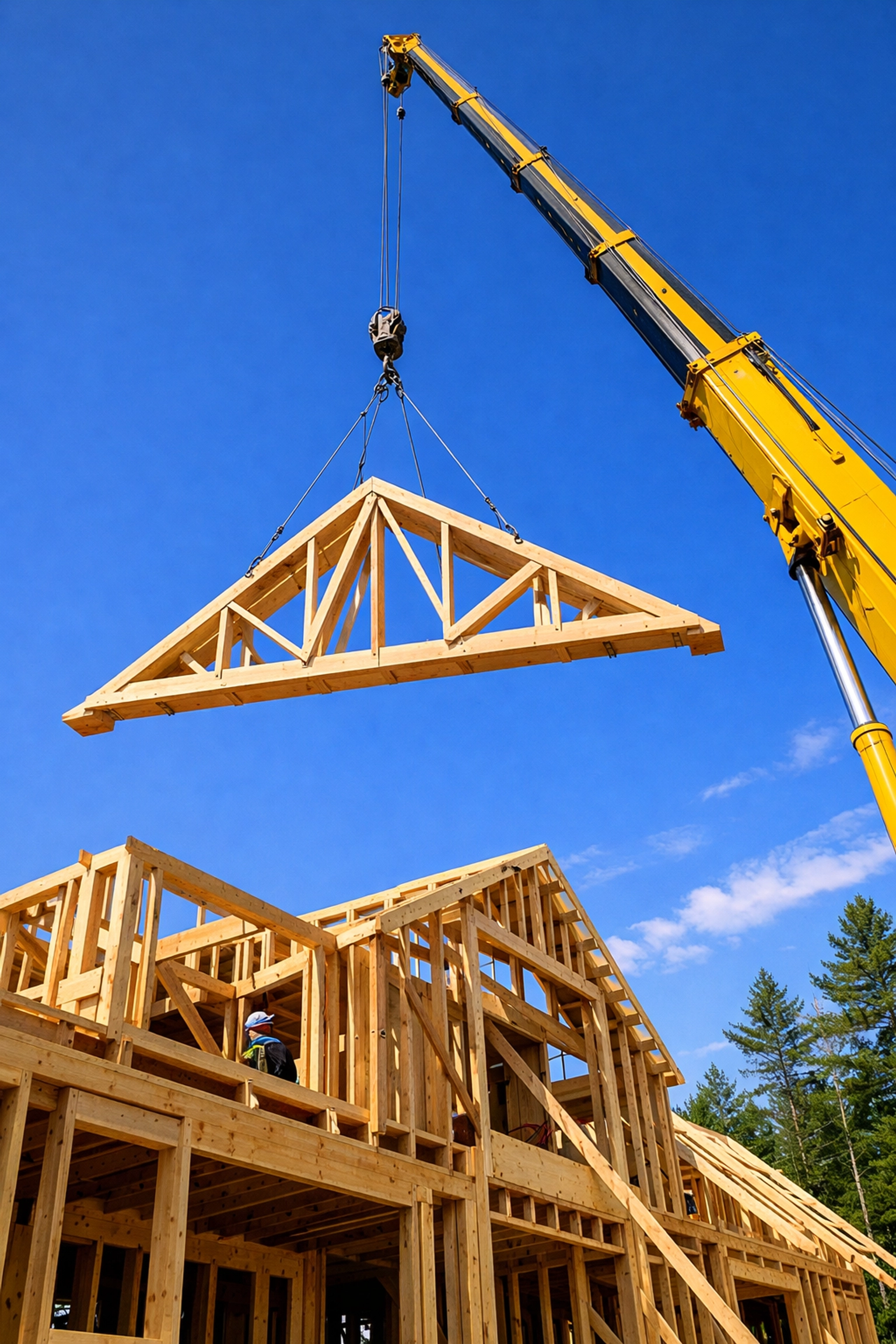 A crane installing a large triangular roof truss at a residential construction site.