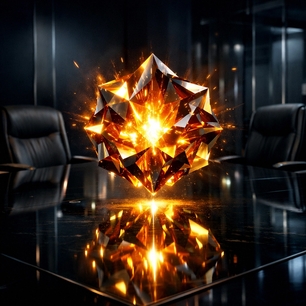 A glowing amber core on a sleek boardroom table representing executive intensity and emotional leadership strength.