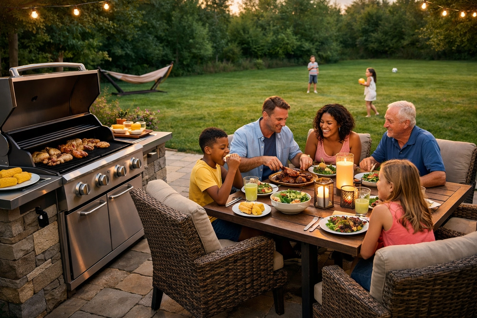 A family enjoys dinner on a paved outdoor patio in their spacious Post Oak backyard.