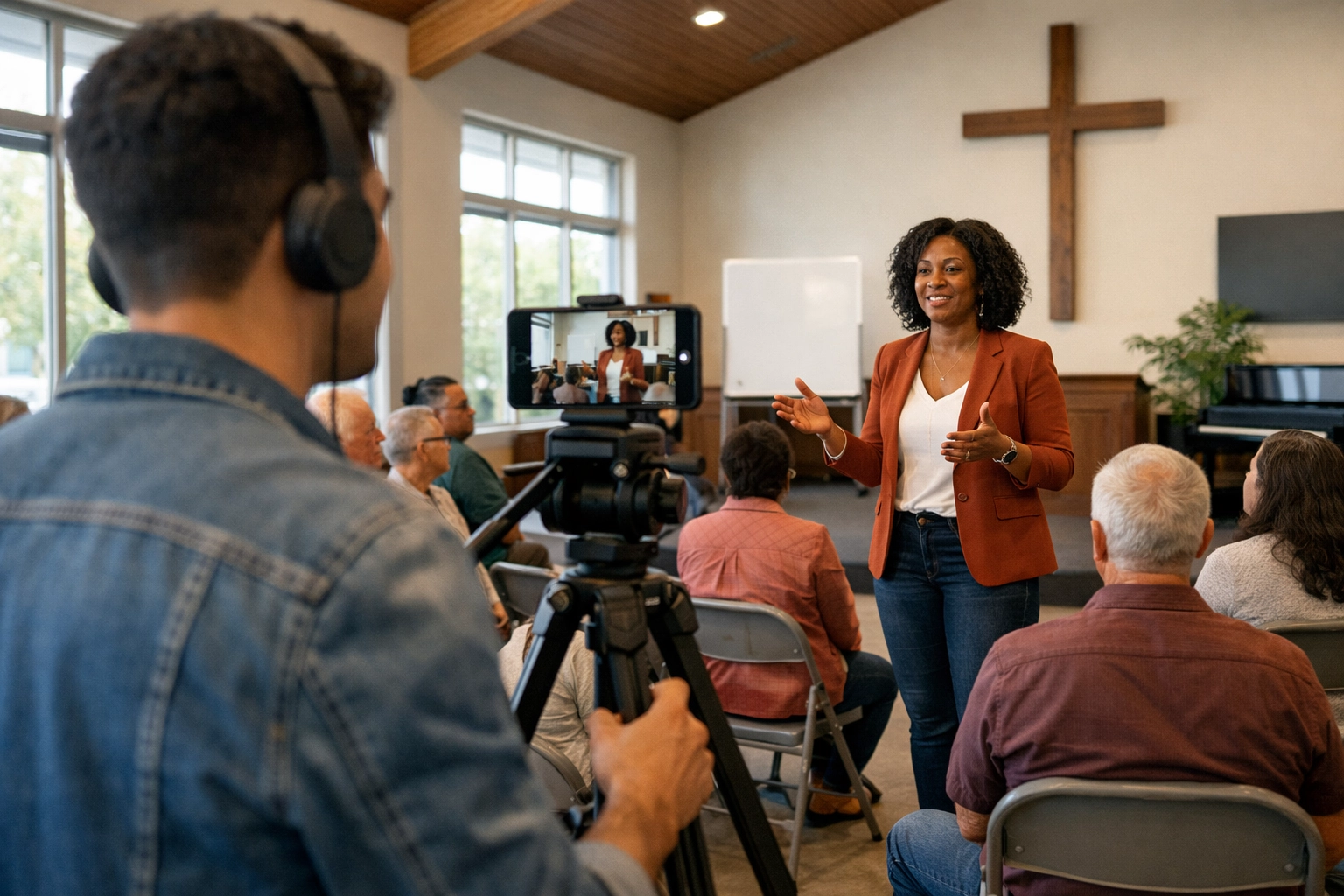 A financial literacy workshop in a church being live-streamed for broader community outreach.
