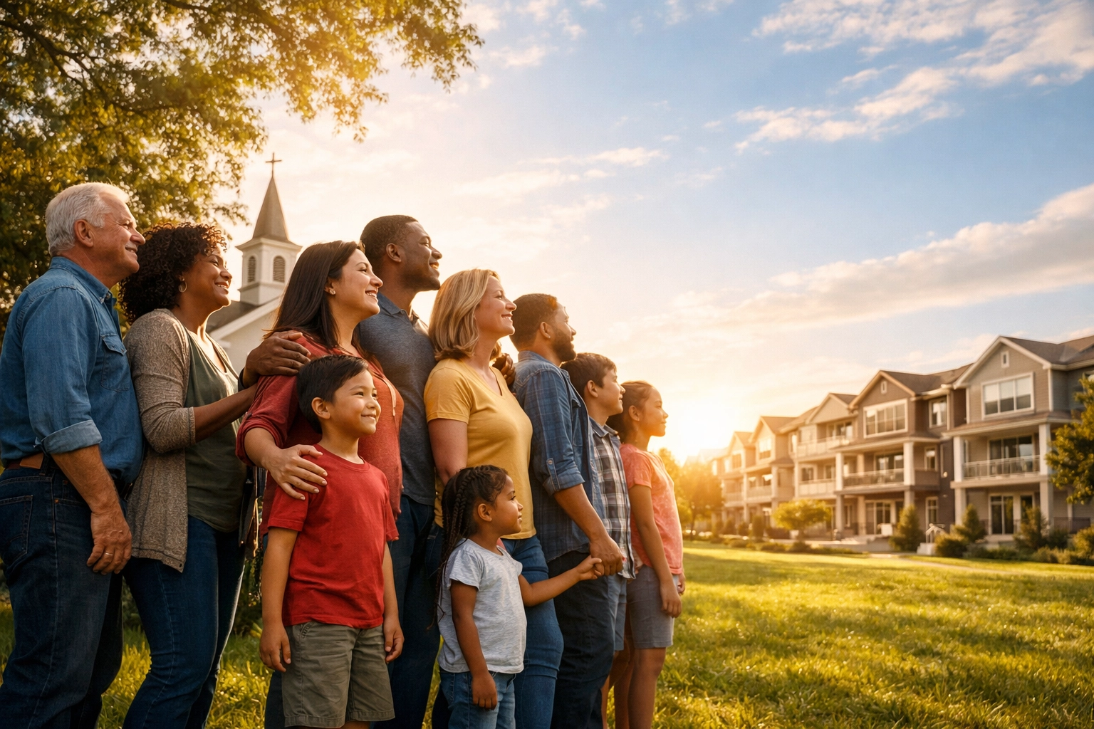 Diverse church community members observing a new affordable housing development in North Carolina.