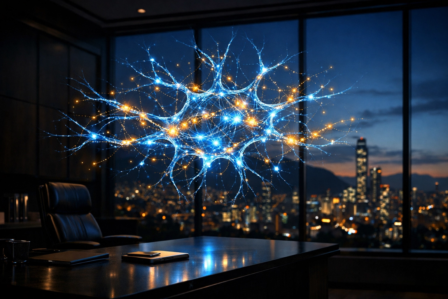 Estrategia de branding en Colombia visualizada como una red neuronal conectada en una oficina moderna en Bogotá.