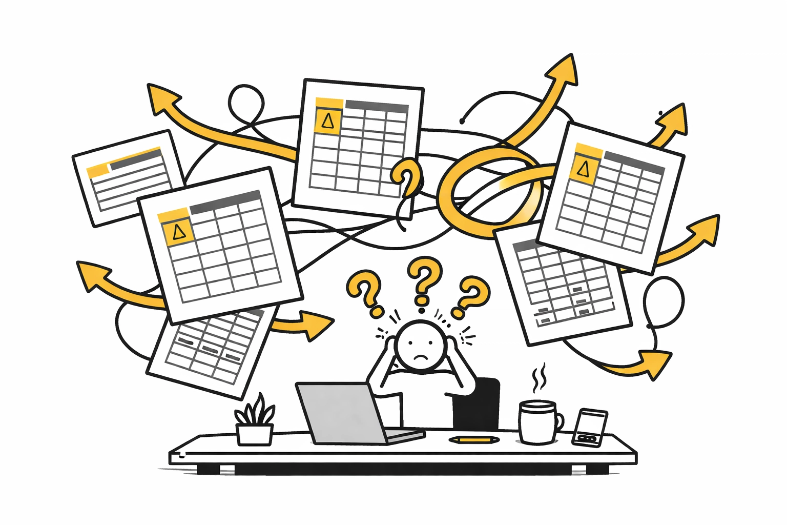 Minimalist illustration of spreadsheet chaos and HR manual errors for small business management