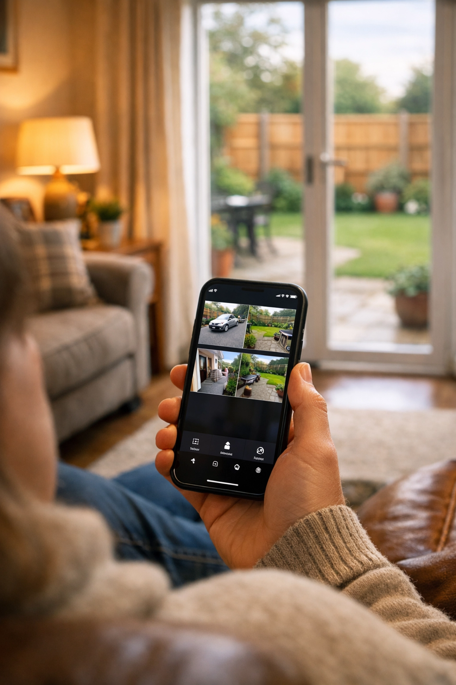 Remote CCTV monitoring in Filton showing a homeowner viewing secure live feeds on their mobile phone.