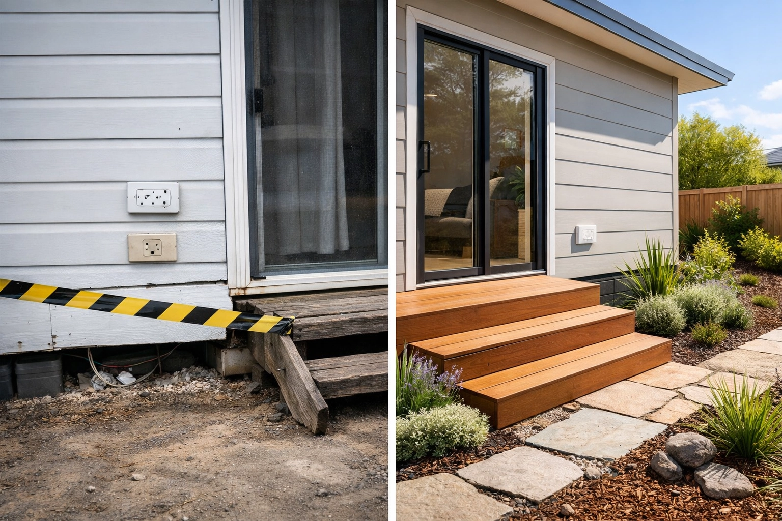 Side-by-side comparison showing imported prefab home with issues versus compliant Australian modular home