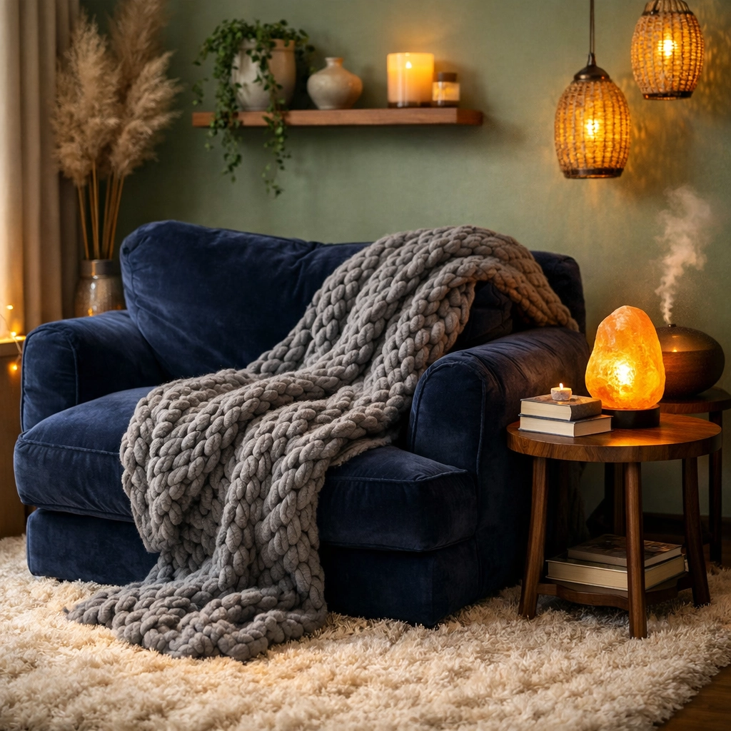 A cozy sensory sanctuary with a weighted blanket, salt lamp, and plush rug for calming relief.