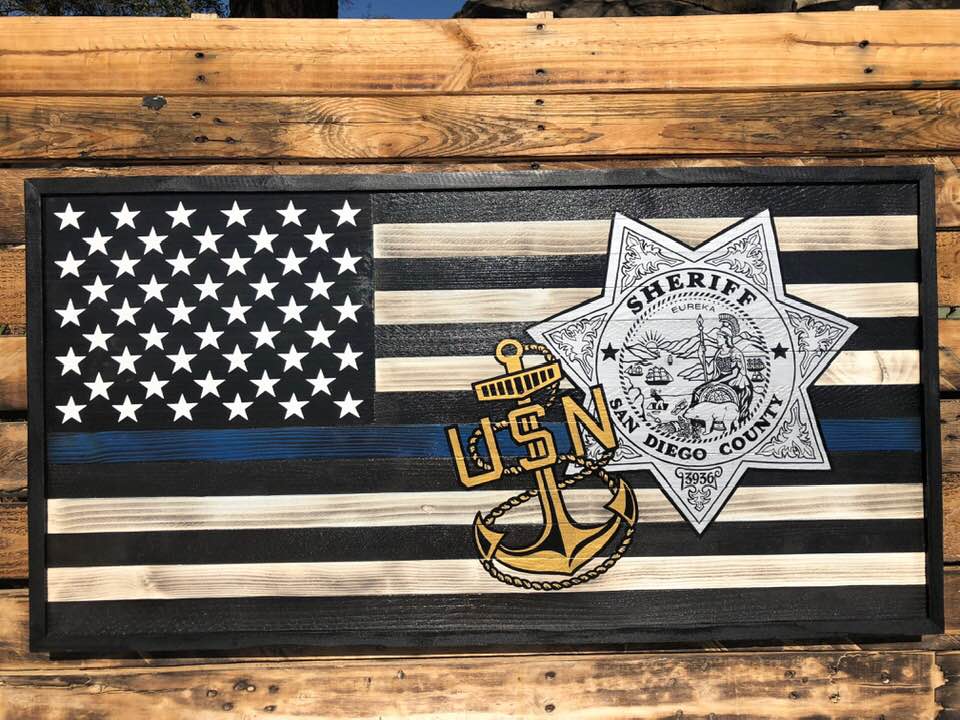 Handcrafted Rustic Wooden American Flag with Thin Blue Line and Custom Overlays