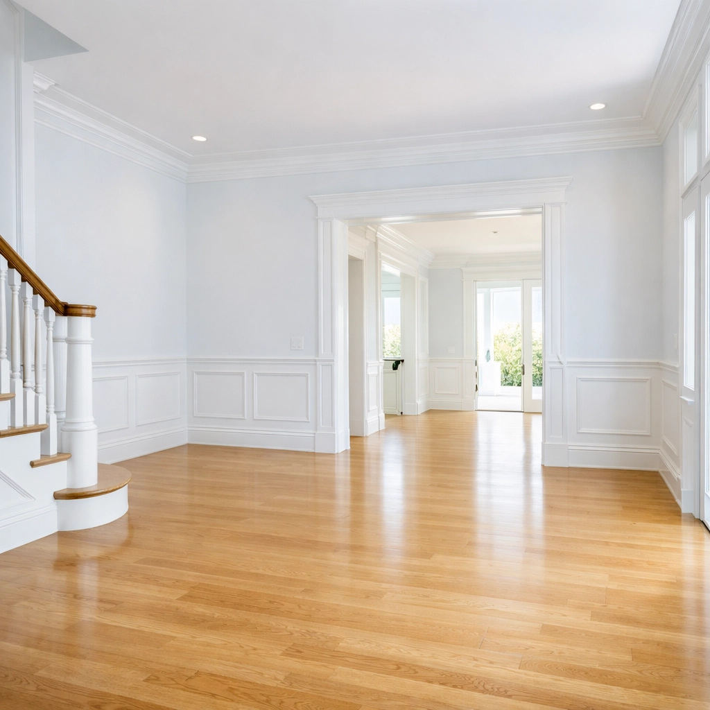 Pristine upscale foyer with polished oak floors, perfect for a move-in ready home.