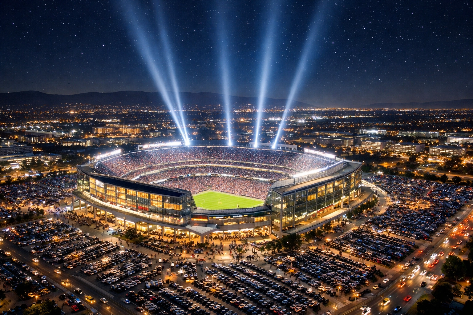 Aerial night view of an illuminated sports stadium and Silicon Valley skyline for Super Bowl 2026.