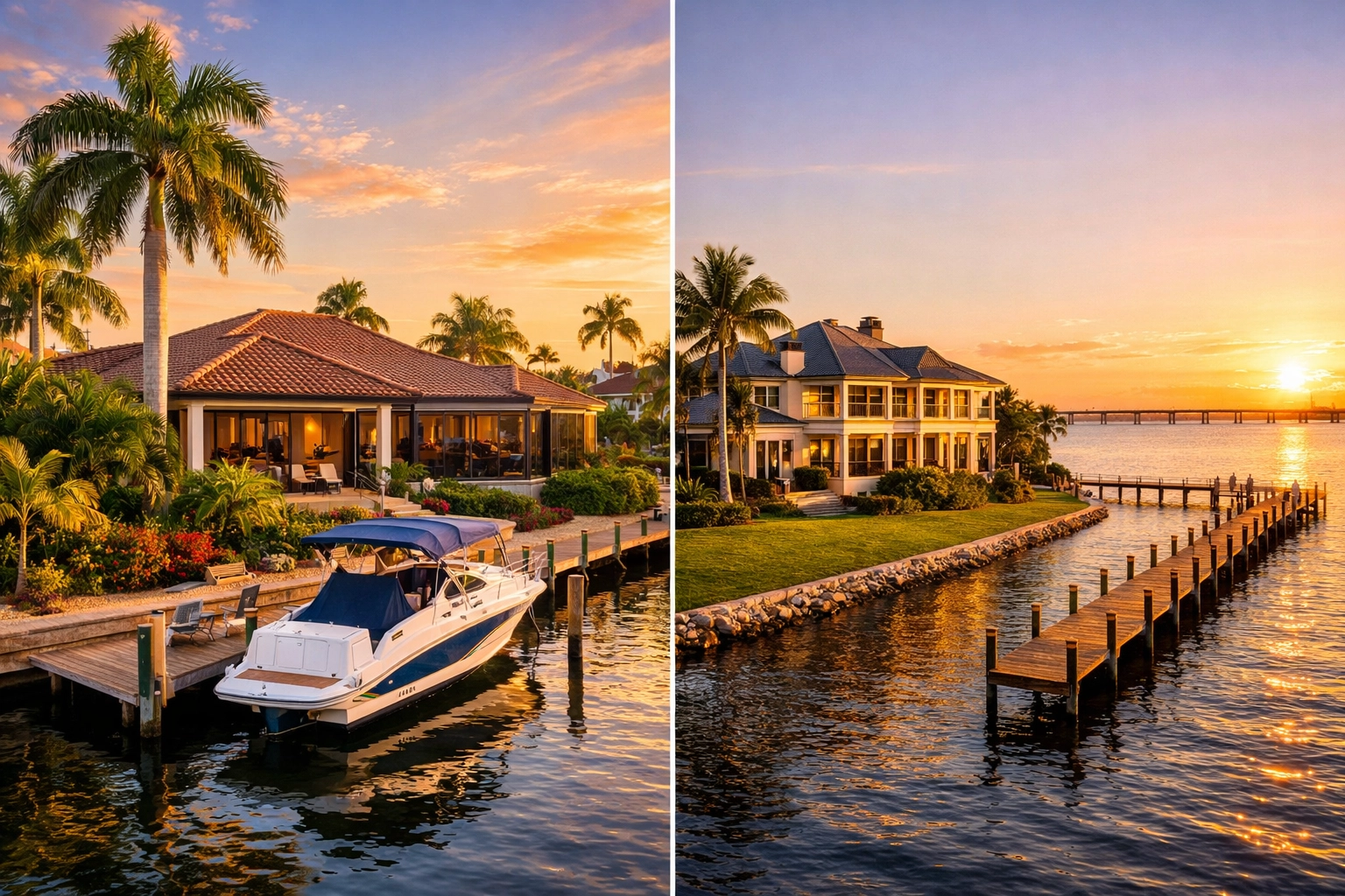 Comparison of Cape Coral canal home and Fort Myers waterfront property with dock access