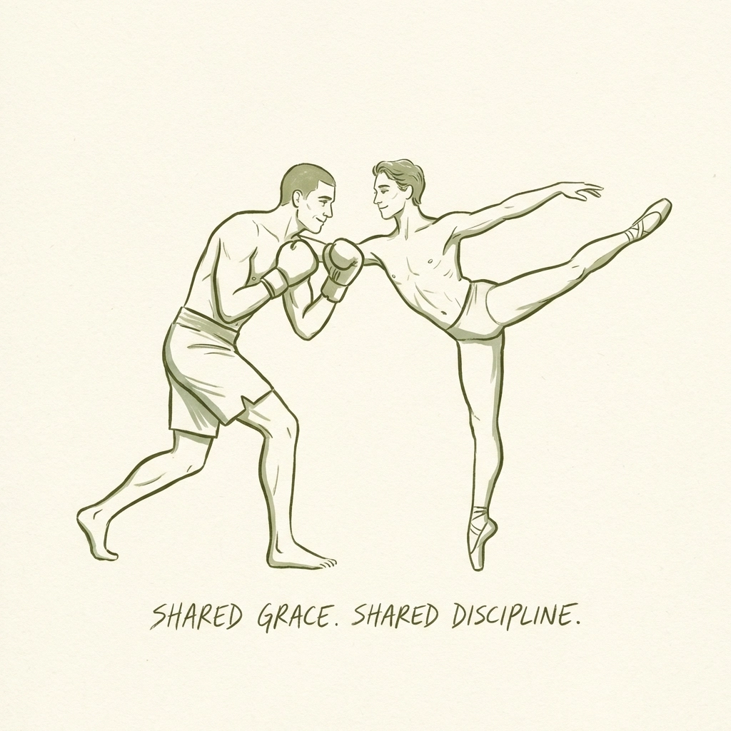 Boxer and male ballet dancer mirror athletic poses showing grace and strength in gay romance