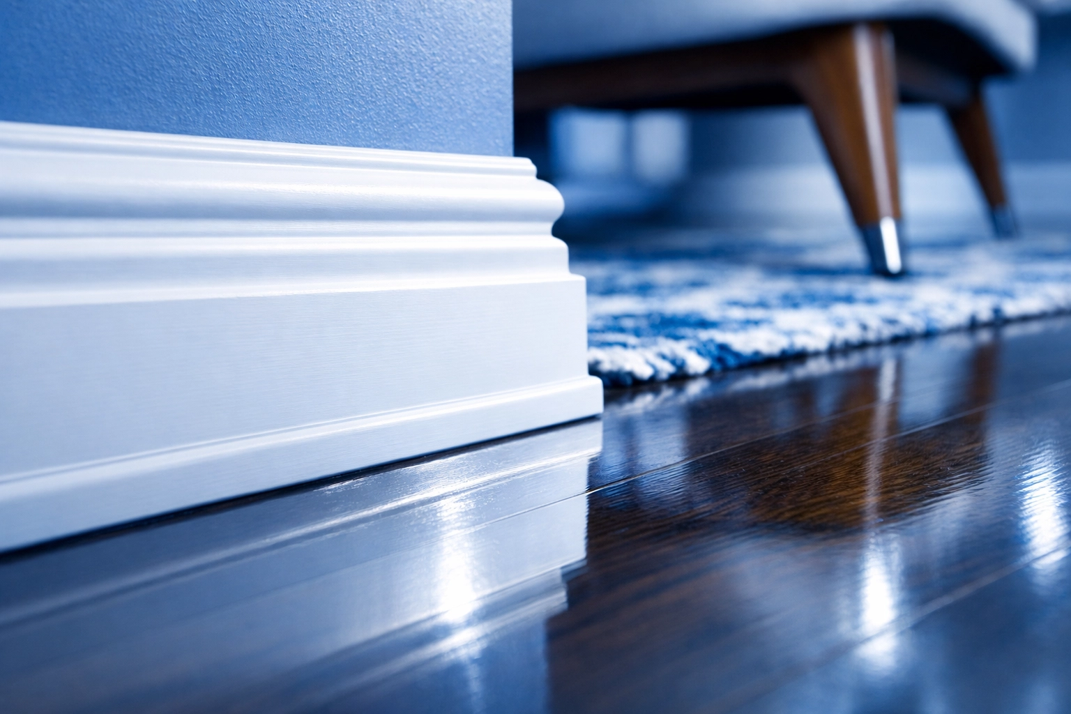 Detailed view of clean white baseboards and polished hardwood floors after a deep cleaning in Wellesley.