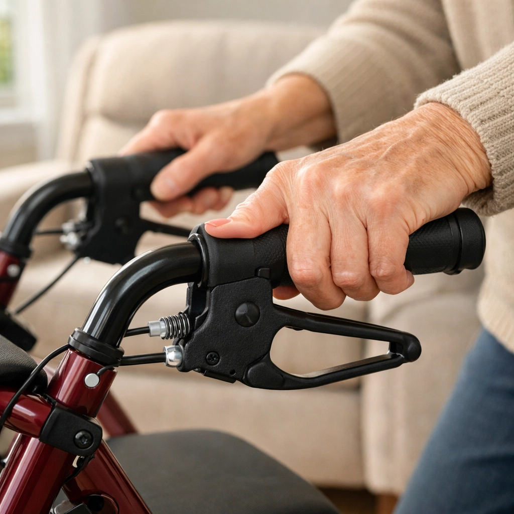 Hands locking the brakes on a burgundy rollator walker before sitting down in an armchair for safety.