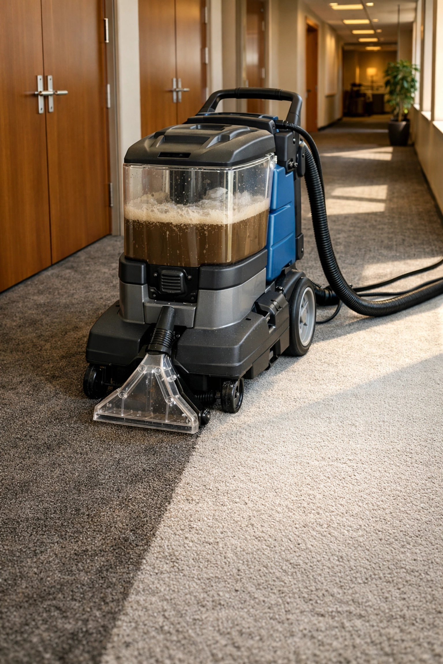 Commercial carpet extractor deep cleaning office hallway carpet showing visible results
