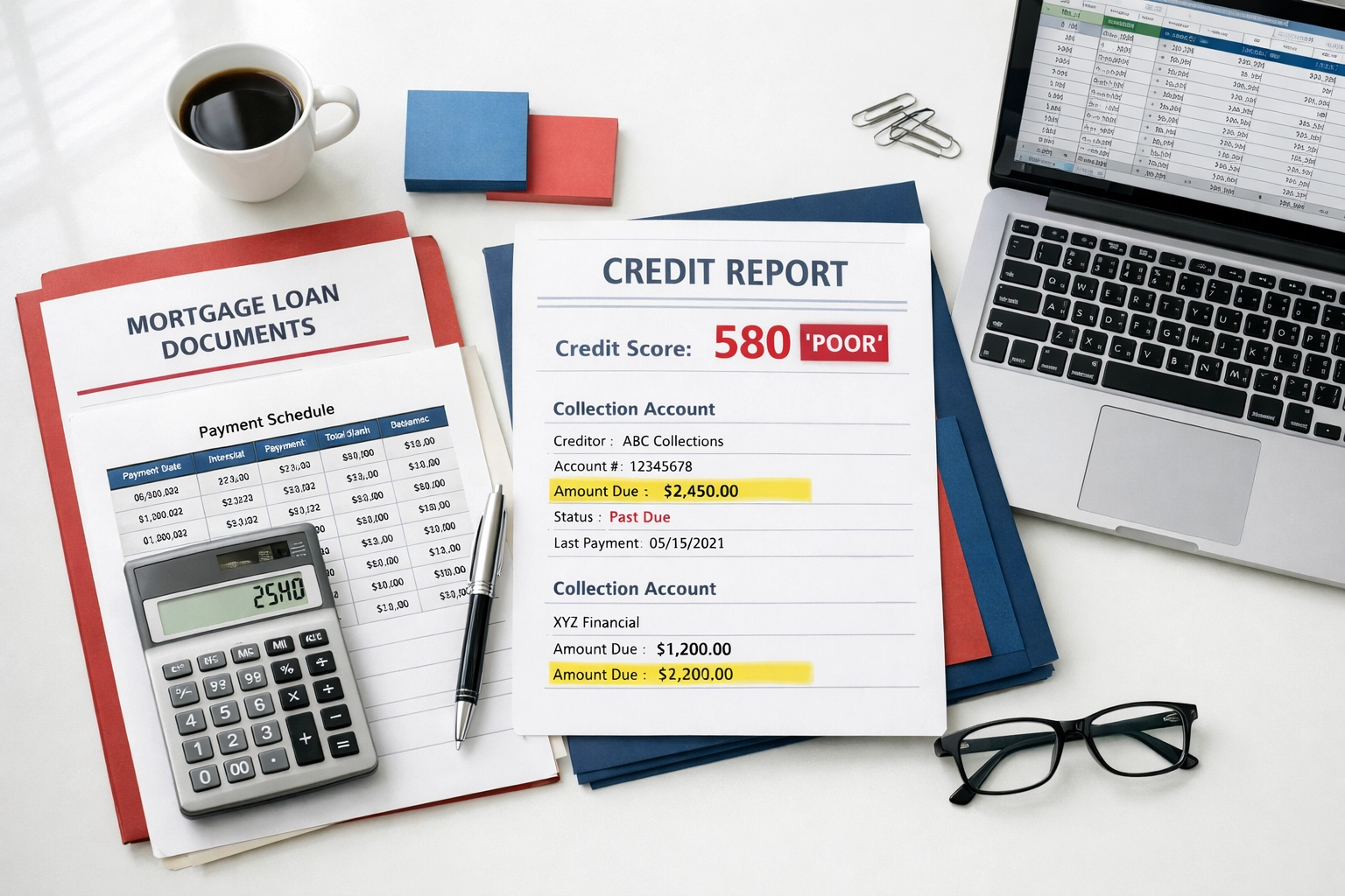 Organized mortgage documents and credit reports showing collection accounts for underwriter review