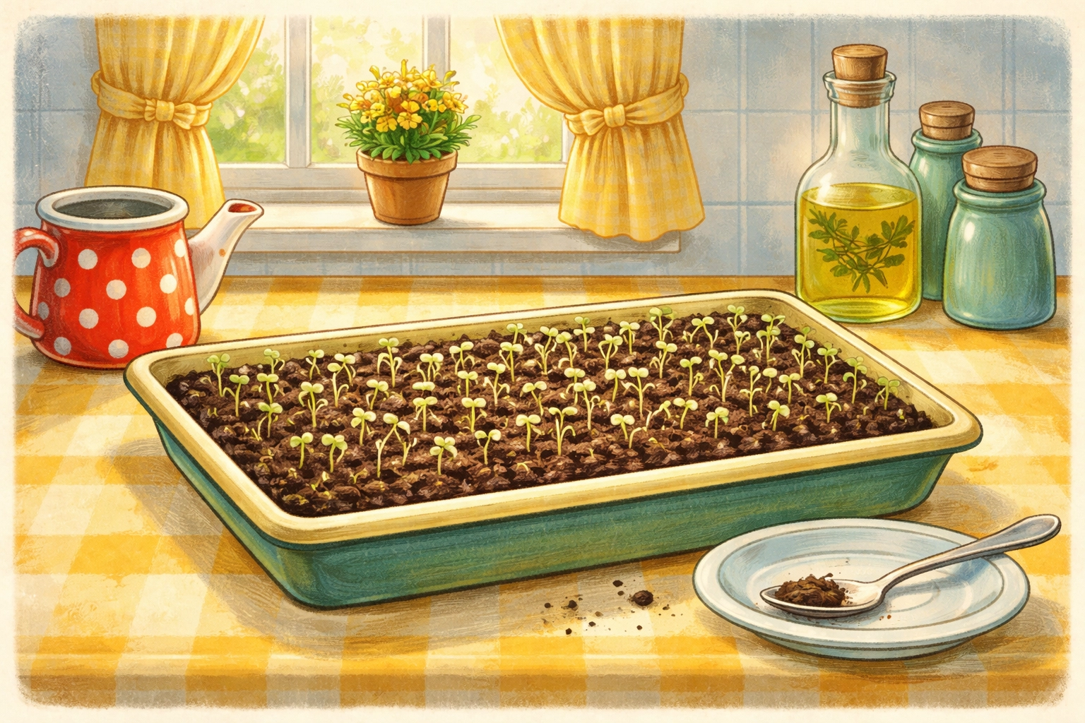 Tiny sprouts just breaking through the soil in a shallow tray on a sunny kitchen counter, 1950s storybook illustration style