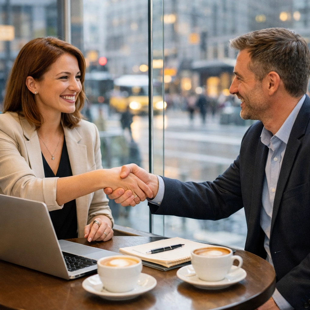 The Ultimate Guide to Proshoot.io: Everything You Need to Succeed as a Modern Creative 3 Photographer and client shaking hands during a successful project booking meeting in a cafe.