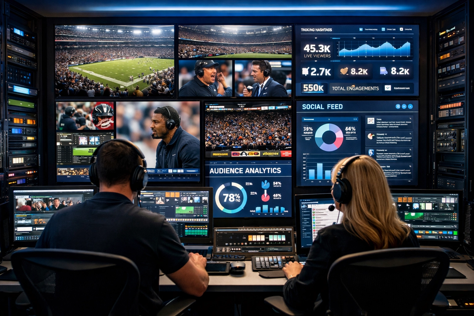 Sports broadcasting control room with live feeds and analytics for digital media transformation